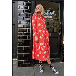 NWOT*Anorak Reddish Orange Snow Leopard Midi Long Sleeve Shirt Dress-Sz 18